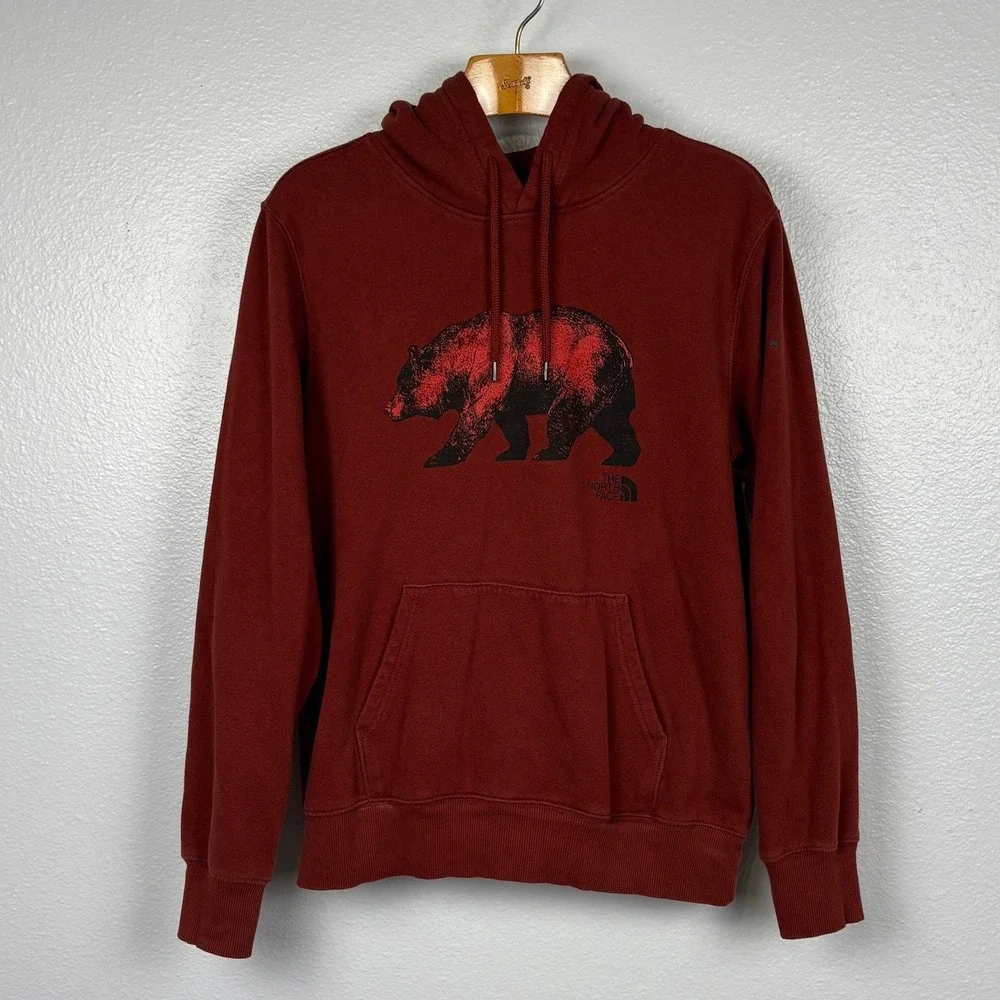 The North Face Bear Graphic Hoodie Mens M Rust Red Pullover Sweatshirt